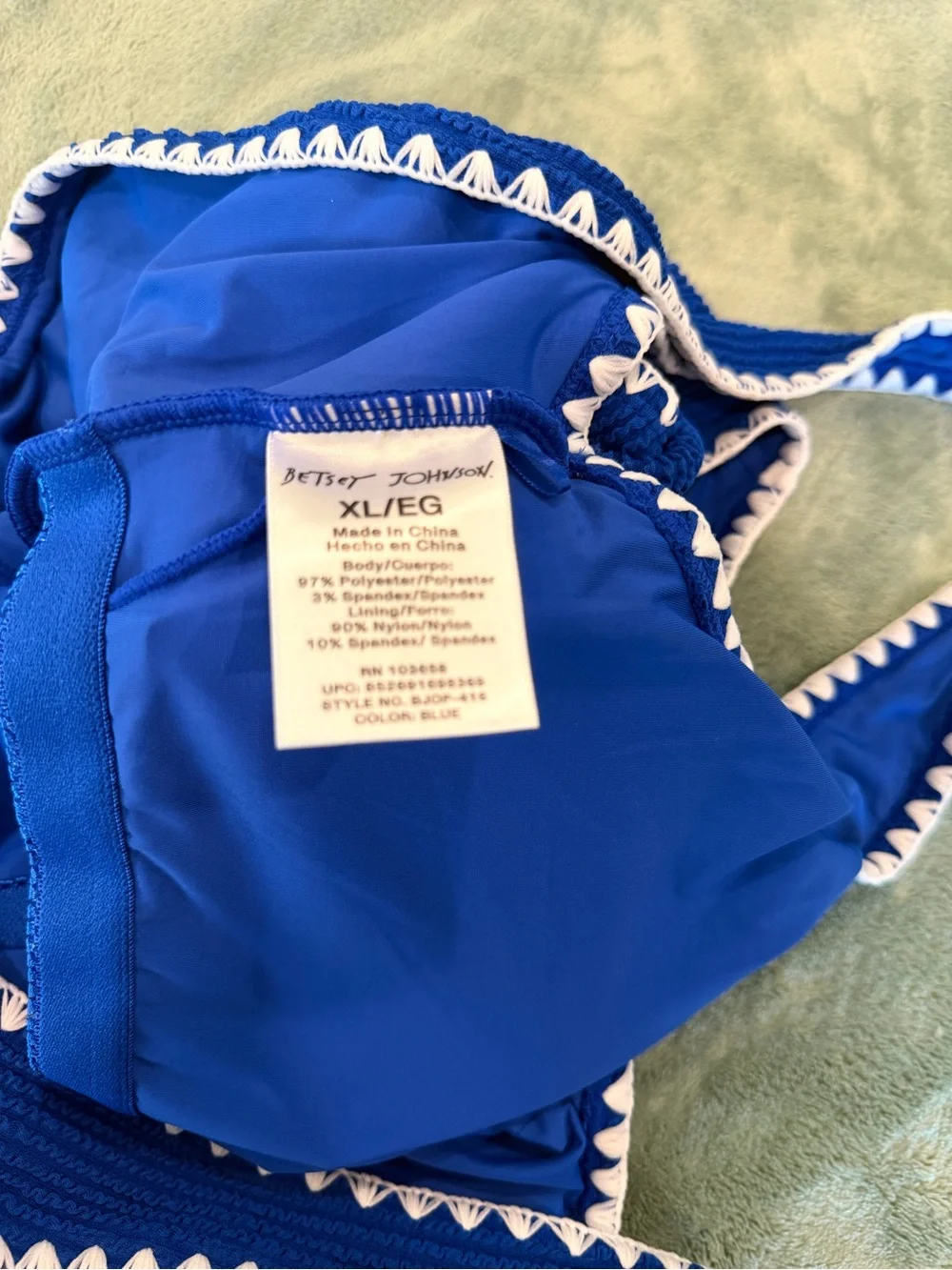 Betsey Johnson Women XL Blue One Piece Swimsuit White Crochet Trim UPF 50+